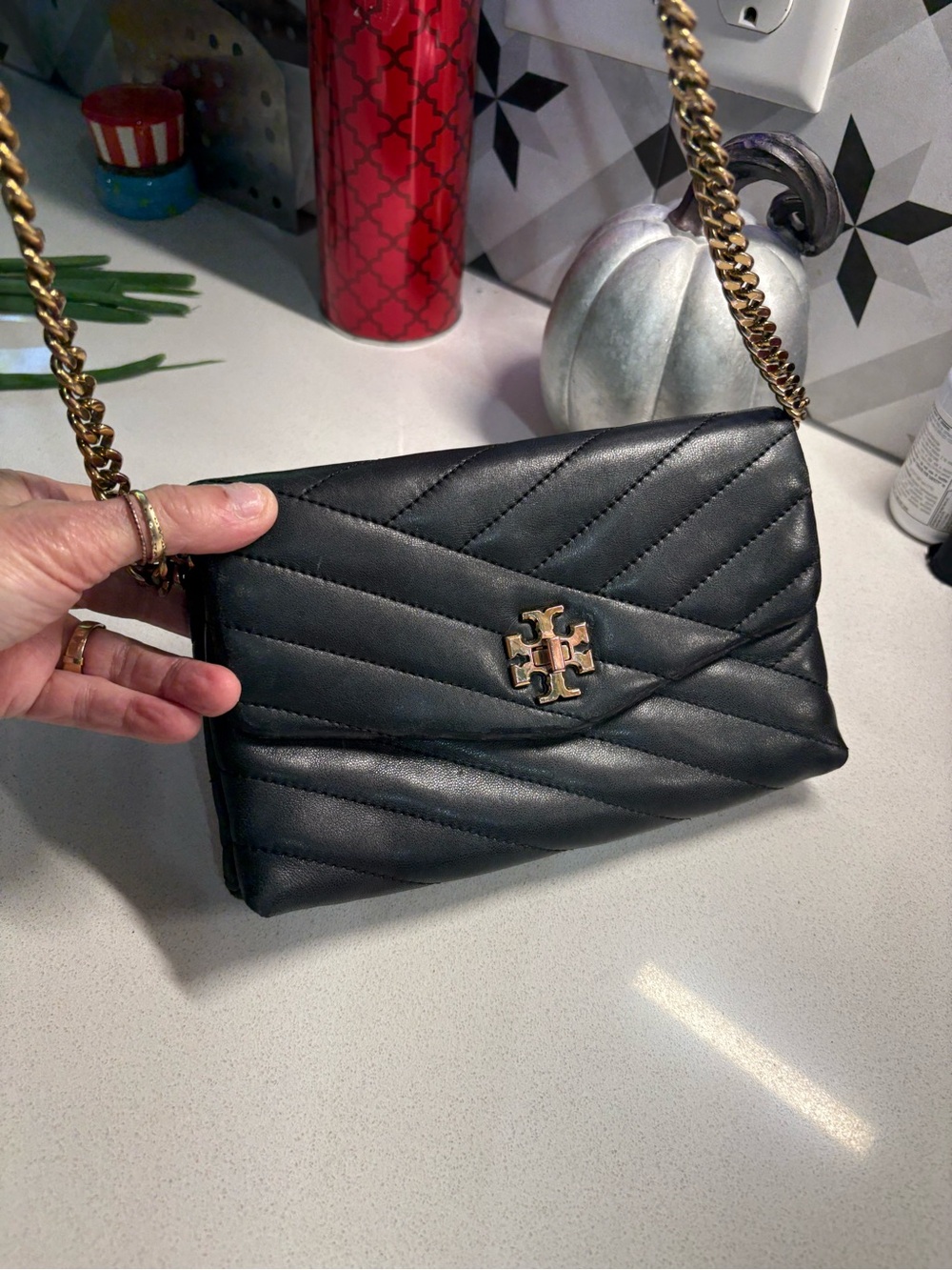 Tory Burch Black Quilted Leather Crossbody with Gold Chain EUC